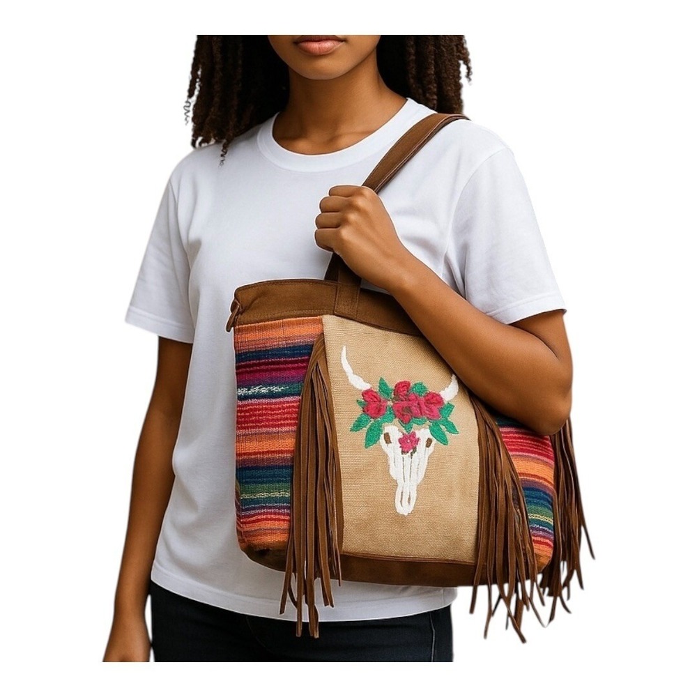 Tote‎ Bag Womens Large Multi-Color Serape Western Boho Longhorn Fringe Hippie